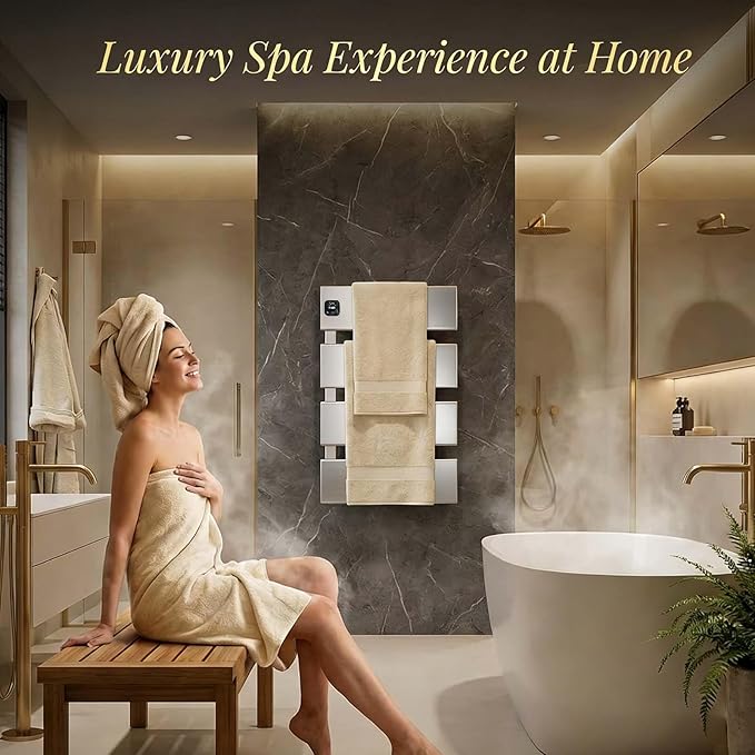 Electric Towel Warmer, Heated Towel Rack with Thermo Control and Timer, Fast Heating Towel Rail for Bathroom with Memroy Function, Work with Smart Plug, Left-Wiring, 4 Panel, Silver
