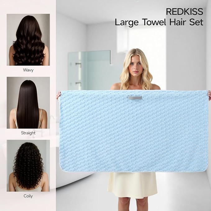 REDKISS Blue Microfiber Hair Towels - Extra Large Hair Towel Wrap for Women, 24x42 inch Hair Towels with Elastic Strap, Super Soft Hair Drying Towels for Long, Thick, Curly Anti Frizz Turbans
