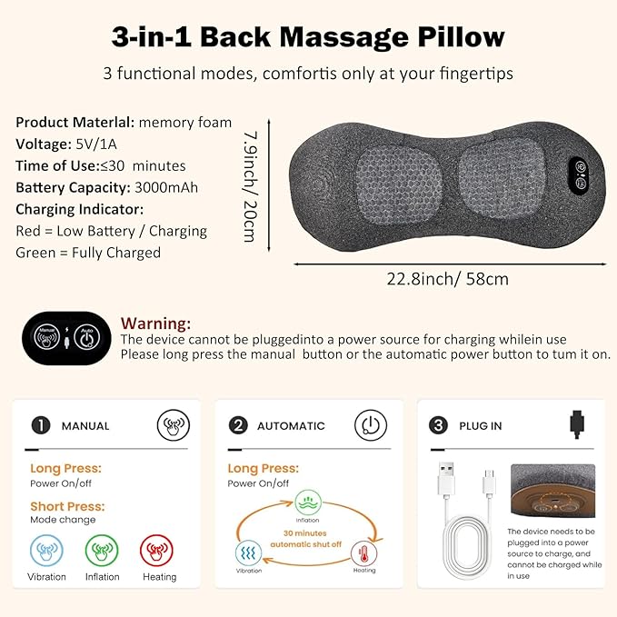 3-in-1 Rechargeable Smooth Triple Fusion Back Massager with Heat, Vibration, Traction, Electric Lumbar Support Pillow for Sleeping, Office, Car, Home