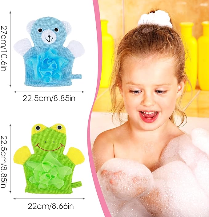 Cute Bath Gloves Loofah - 2 PCS Kids Animal Bath Gloves Body Scrubber, Double-Side Exfoliating Shower Sponges, Washcloths Mitts for Gentle Soft and Easy to Lather (Bear Frog)