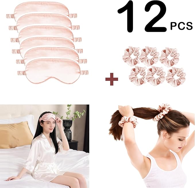 12Pcs Silk Sleep Masks Satin Eye Mask Silky Eyes Cover Blindfold Eyeshade Hair Ties Scrunchy Travel Bridesmaids Gifts