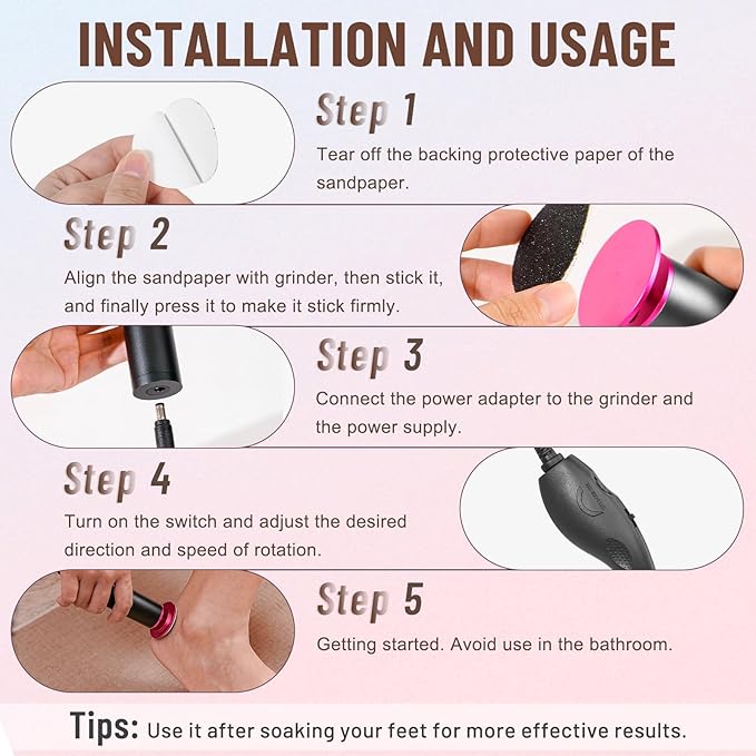 Dermawave Electric Foot File Callus Remover for Feet, Professional Electric Foot Sander Filer Grinder with 60 Sandpaper Discs for Men & Women, Pedicure Tool for Corn Dead Skin Cracked Heel