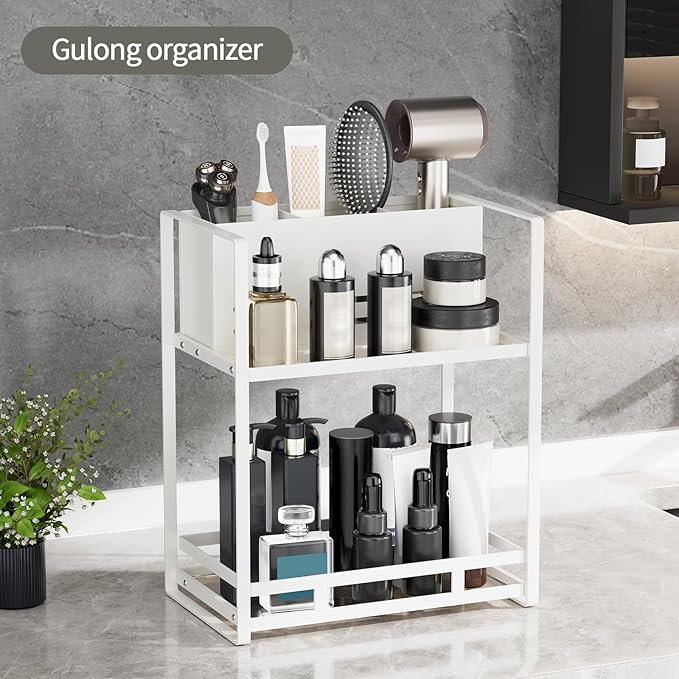 SanDream Hair Tool Organizer Bathroom Countertop, 2-Tier Metal Bathroom Organizer with Blow Dryer Holder, Large Capacity Space-Saving Vanity Shelf for Perfume, Skincare & Makeup Storage (White)