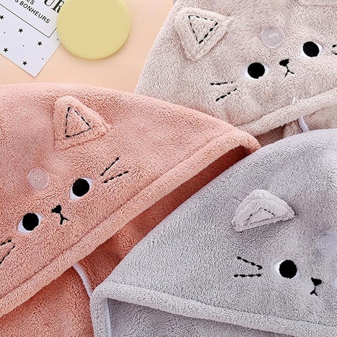 ARTIBETTER 3Pcs Cute Cat Hair Wrap Towels for Kids, Thickened Coral Fleece, Quick Dry Towel, Strong Water Absorption, Soft Shower Cap, Mixed Color for Bath & Household Daily Use