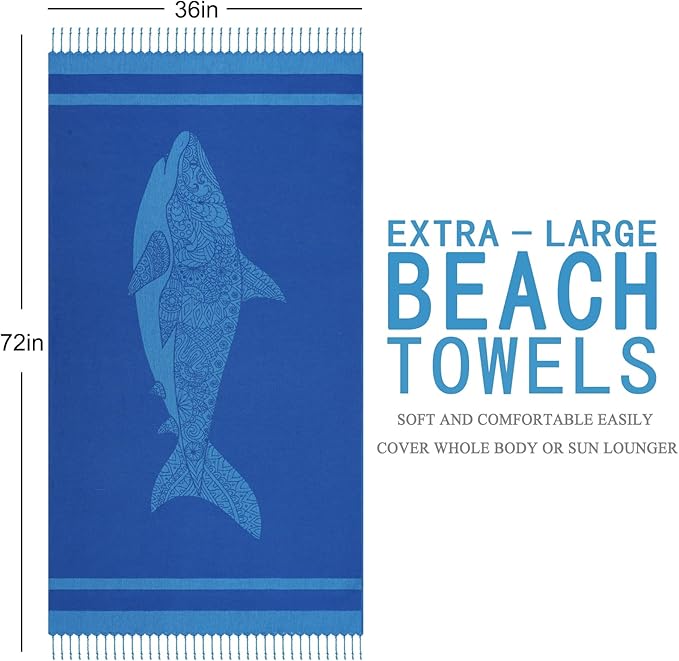 Genovega Oversized Cotton Turkish Beach Towels 72"x36" Lightweight Quick Dry Sandless Pool Swim Towel Large No Sand Compact Blanket Adult Travel Essentials Cruise Accessories Must Haves Blue Shark