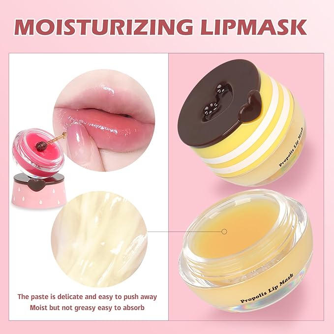 4 PCS Bee Lip Balm Lip Mask Honey Pot, Prevention Lip Dry Set, Strawberry & Watermelon & Apple Lime & Honey Lip Sleeping Mask Moisturizing Lip Balm, Mothers Day Gifts, Teacher Appreciation Gifts