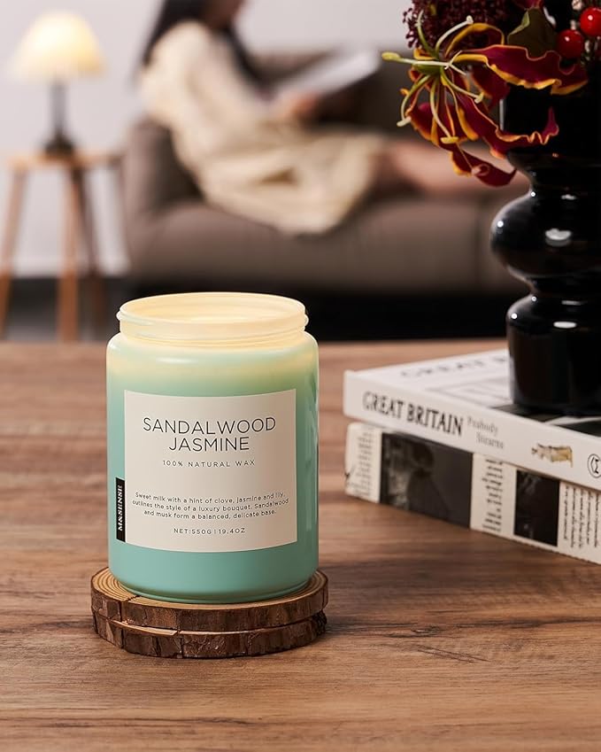 M&SENSE Sandalwood Jasmine Scented Candles for Home, 19.4oz All Natural Soy Wax, 110 Hours Long Lasting, Soy Candles Non Toxic, Spring Floral Smelling for Her, Aromatherapy Housewarming Gift for Spa