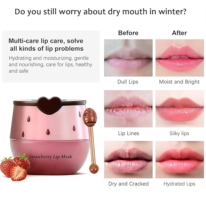 4PCS Strawberry & Bee Lip Balm Honey Pot, Vitamin E & Moisturizing Propolis Sleeping Lip Mask, Effective Reduces Lip Lines Prevention Dry and Cracked Scrubs Exfoliator Lip Wrinkle Care Product