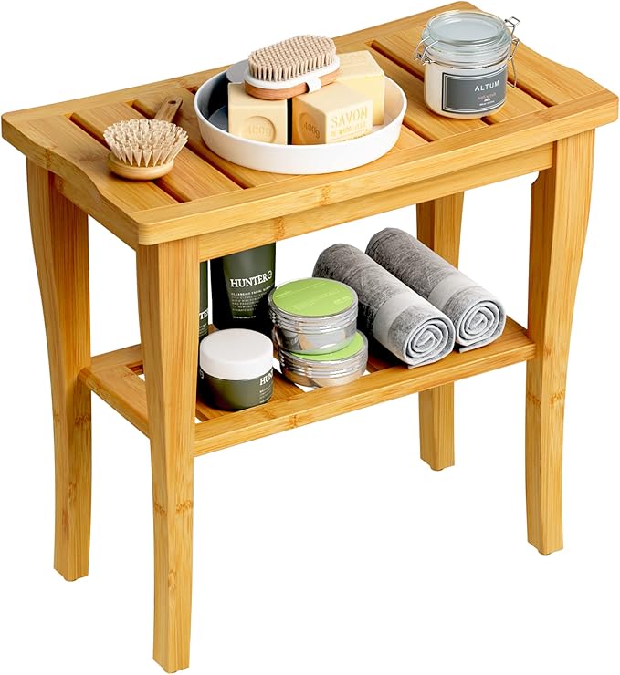 Greenual Bamboo Shower Bench 2-Tier Spa Shower Stool for Inside Shower with Storage Shelf and Non-Slip Feet Shower Chair Seat Organizer for Bathroom or Living Room