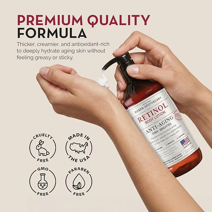 Rosen Apothecary Anti-Aging Retinol Body Lotion for Crepey Skin, Caffeine Firms & Tightens Aging Skin, Boosts Collagen, Restores Youthful Glow, 480ml