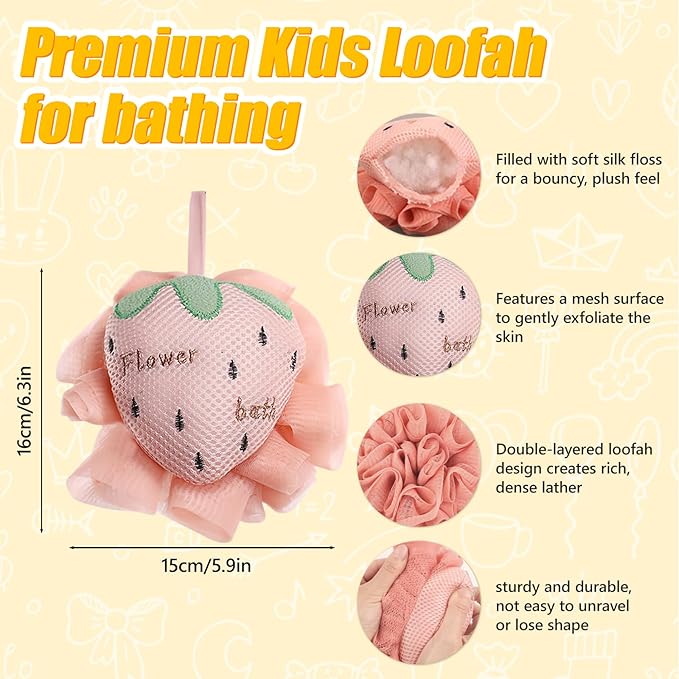 Kids Loofah, Cute Cartoon Animal Kids Bath Sponge with Hanging Rope, Soft Double Mesh for Rich Lather (Pink Strawberry)