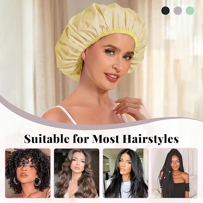 3Pcsk Reusable Waterproof Shower Cap for Women, Bath Cap for Long Thick Hair, Comfortable Hair Cover for Shower