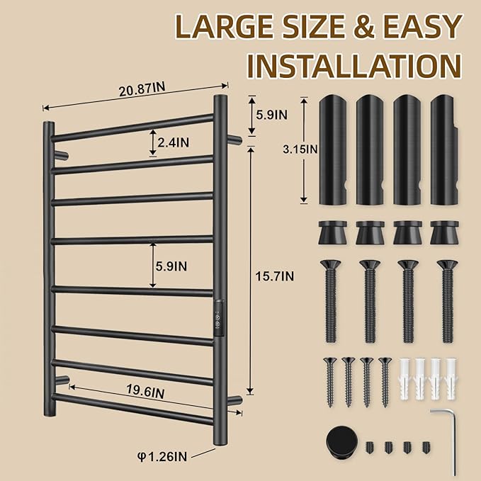 Towel Warmers for Bathroom, Electric Heated Towel Rack Wall Mounted, Hot Storage Rack with Built-in Timer, Stainless Steel, 8 Bars, Plug-in, Fast Heating, Black