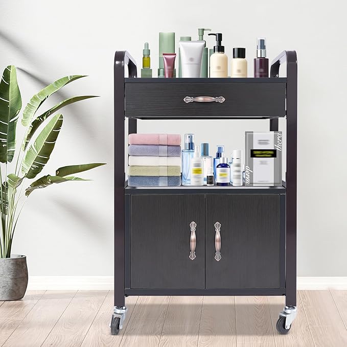 Salon Cart,Salon Storage Cart with Drawers, 4 Wheels and Handles, Movable Beauty Organizer, Salon Trolley for Beauty Salons, Barber Shops, Nail Salons, Spas (Brown)