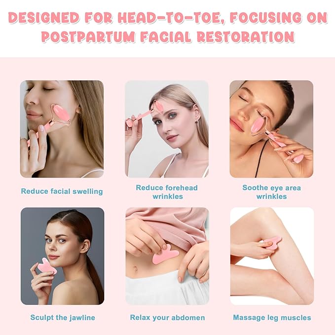 Birthing Comb for Labor Pain and Gua Sha Facial Tools, Post Partum/Home Delivery Essentials, Pregnancy/Birth/Hospital Bag Must Haves, Jade Roller Stone Massager,Gifts for Expecting Mom Women (Pink)
