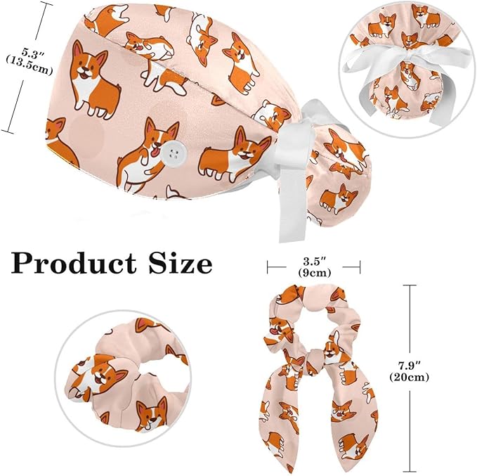 Adjustable Brown Dachshund Dog Blue Surgical Scrub Cap with Button,Sweatband for Women with Bow Hair Scrunchy