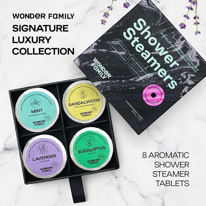 Aromatherapy Shower Steamers Gift Set – Mint, Eucalyptus, Sandalwood, Lavender – Essential Oil Vapor Shower Tablets, Individually Wrapped Melts, Spa Presents for Women & Men - Valentines Day Gifts