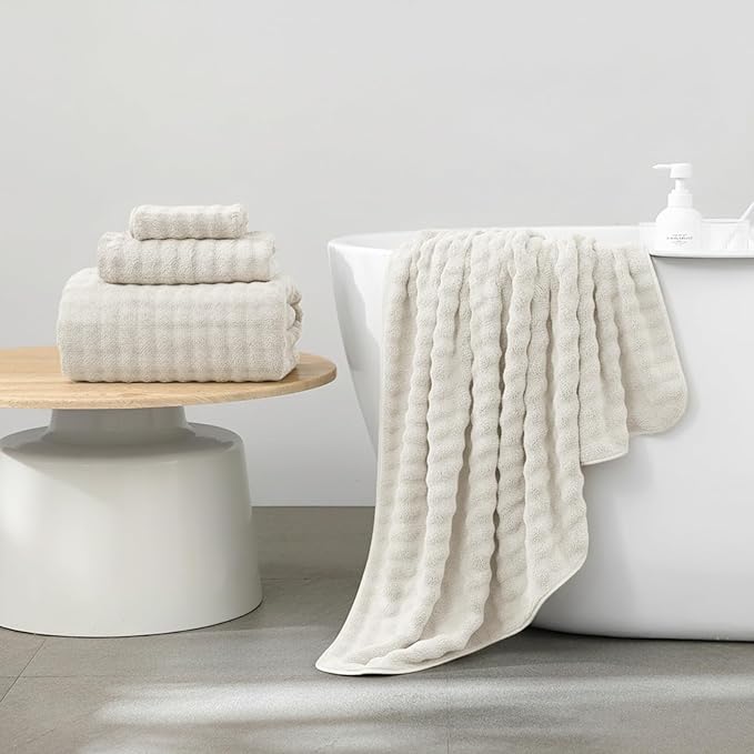 KBY Bath Towels Set 6 Piece 40x80 Inches，2 Extra Large Bath Sheets 2 Hand Towels 2 Washcloths，Highly Absorbent Quick Dry Microfiber,Ultra Soft Towel Set for Bathroom，Spa，Gym， Hotel (Cream)