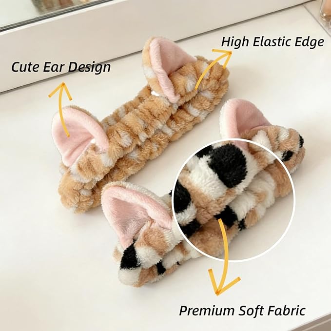 2 PCS Cute Cat Ear Spa Headband For Washing Face, Skincare Makeup Headbands For Women, Soft Coral Fleece Hair Accessories (Yellow+Leopard)