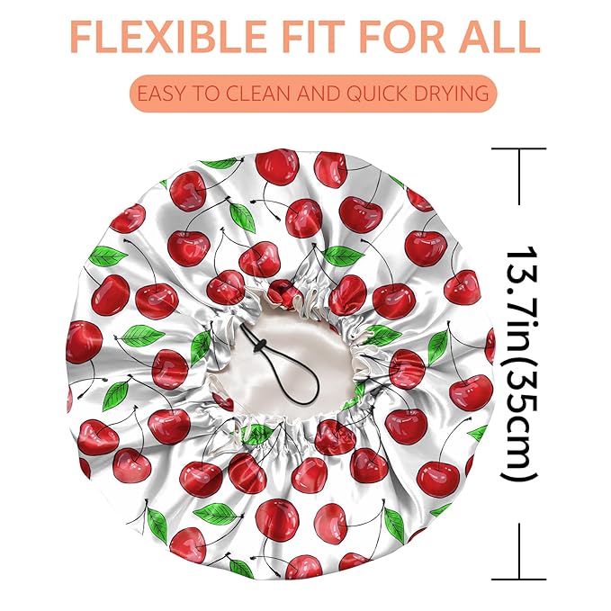 Shower Cap Reusable Double Layer Adjustable Elastic Waterproof EVA Hair Bath Caps for Women Girls Cute Aesthetic-Cherry