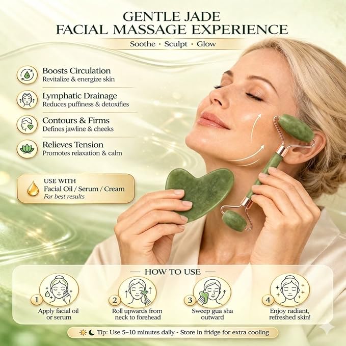 Lymphatic Contour Face Brush & Natural Jade Roller Set - Premium Xiuyu Jade Gua Sha Tool with Facial Massage Roller - Complete Skin Care Kit for Jawline Sculpting, Puffiness Relief (Green)