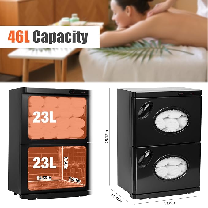 46L Hot Towel Warmer, Large Capacity Spa Towel Warmer with Double Cabinets, Professional Towel Warmer Cabinet with Clip & 4 Racks for Salon, Barber Shop, Massage, Facial