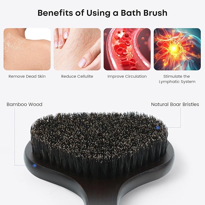 eaxun Bamboo Back Scrubber with Curved Long Handle, 17.3 Inches Exfoliating Shower Brush with Stiff Bristles for Men and Women, Back Washer Body Exfoliator for Bath or Dry Brushing