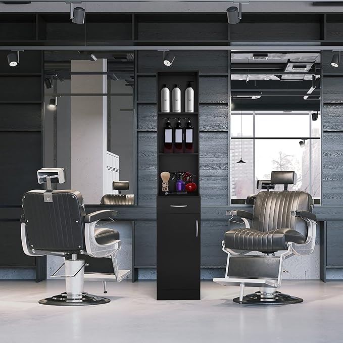 mefeir Salon Station, Barber Hair Stylist Storage Cabinet with Drawer, 5 Compartments & Shelf, Durable MDF, Organizer Equipment for Beauty Salon, Barbershop, Black