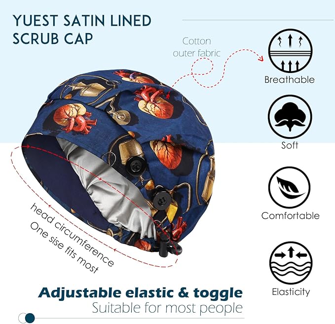 2 Pack Satin Lined Bouffant Scrub Caps with Buttons, Adjustable Scrub Caps for Women Men