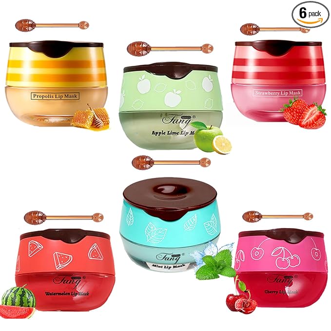 6 PCS Bee Lip Balm Honey Pot,Lip Mask Propolis Moisturizing,Prevention Dry Cracked Lip Scrubs Exfoliator Lip Wrinkle Skin Care Products (Honey & Strawberry & Coconut & Mint & Watermelon & Apple Lime)
