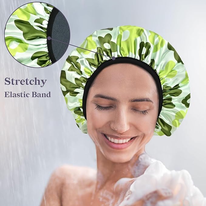 Satin Shower Cap, Three-Layer Terry Cloth Lined, with Silk Hair Ties, Microfiber Waterproof Reusable Large Size Shower Cap for Women Long Thick Hair (Green Flower)