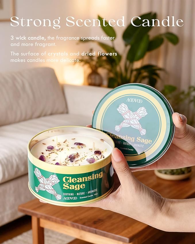 AOOVOO Sage Candle for Cleansing - 3 Wick 12oz Large Scented Candle with Crystals & Sage Leaves Inside, Soy Candles Non Toxic for Spiritual Gift, Aromatherapy Candle for Women Men Mother‘s Day