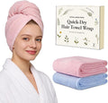 Microfiber Hair Towel Wrap for Women, 2 Pack Large Fast Drying Hair Towel Turban Shaped, Ultra Soft Thick Absorbent Anti-Frizz Towel for Curly Long Wet Hair, Durable Double Stitched Edges(Pink/Blue)