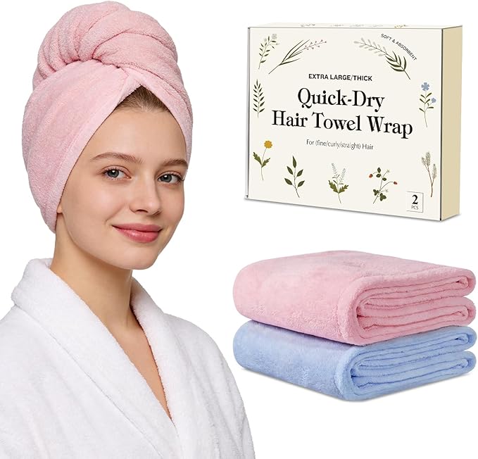 Microfiber Hair Towel Wrap for Women, 2 Pack Large Fast Drying Hair Towel Turban Shaped, Ultra Soft Thick Absorbent Anti-Frizz Towel for Curly Long Wet Hair, Durable Double Stitched Edges(Pink/Blue)