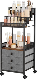 Display Riser Stand Perfume Cologne Organizer, 13in Rolling Makeup Storage Cart with Fabric Drawers, Floor Vanity Cosmetics Display Cases for Skin Care Nail Polish Figures Rustic Brown