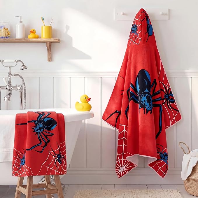 Peryiter 1 Pcs Spider Hooded Bath and Beach Towel 100% Cotton Pool Towels Wearable Bath Poncho Wrap for Swimming Shower Pool Travel Trips Vacations Cozy Absorbent Soft Beach Blanket