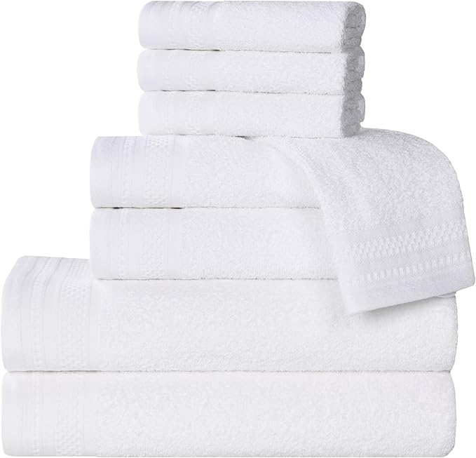 Superior Honeycomb Cotton Medium Weight Towels, for Guest Bath, Master Bathroom, Shower, Quick Dry, Adults, Home Essentials, Textured Waffle Border, Assorted Towel Set, 8 Piece Towel Set, White