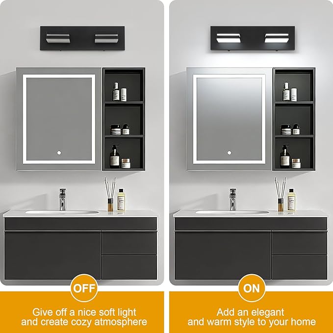 SineRise LED Modern Bathroom Vanity Light Fixtures (2-Light, 15.5-Inch), Matte Black Modern Acrylic Bathroom Wall Lighting Fixtures Over Mirror (Cool White 6000K)