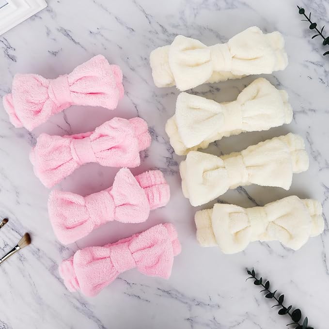 Ondder Spa Skincare Headband for Women - Pink & Beige Bow Design, Makeup & Face Wash Hair Band,8 Pack