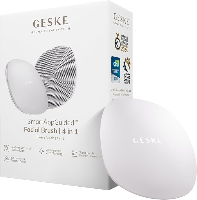 GESKE SmartAppGuided™ Facial Brush | 4 in 1 | Professional Facial Cleansing Brush | Skin Cleansing Silicone Facial Brush | Routine Skincare | Gentle Cleansing | Facial Cleanser