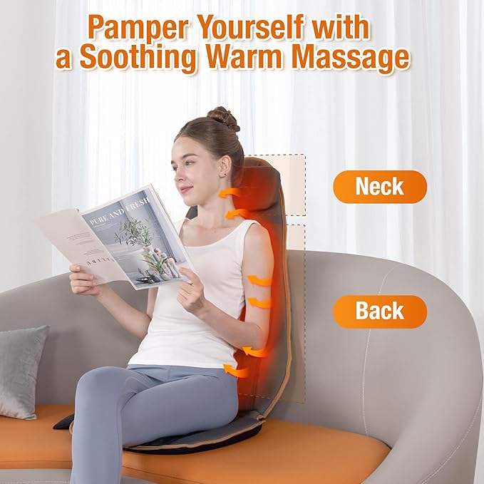 SLOTHMORE Heated Back Massager for Chair, Vibrating Massage Cushion with Heat for Neck, Back & Thighs, Massage Chair Pad for Office Chair, Home Use - Ideal Gifts for Mother Mom Dad