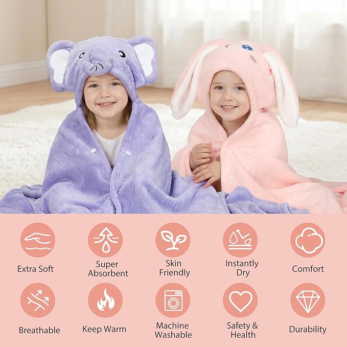 6 PCS Toddler Bath Towel Set for Boy Girl 0-5 Year, 2 PCS Thick Absorbent Hooded Baby Bath Towels Large 55" x 27.5" & 4 PCS Washcloths, Ultra Soft Gifts for Infant, Toddler, Kids, Rabbit & Elephant