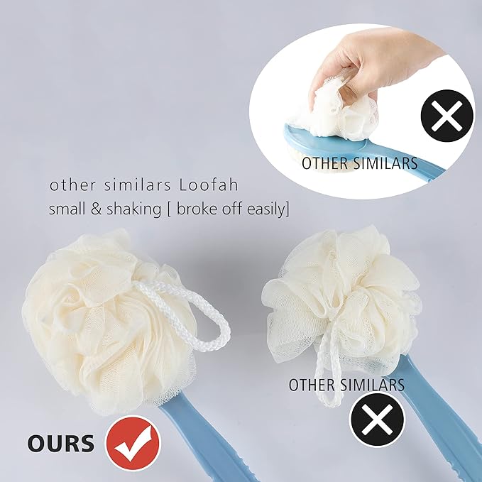 Shower Body Brush with Bristles and Loofah,Back Scrubber Bath Mesh Sponge with Curved Long Handle for Skin Exfoliating Bath, Massage Bristles Suitable for Wet or Dry, Men and Women (Blue)