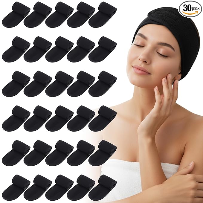 30 Pack Spa Headband Adjustable Facial Head Wrap for Women Black Hair Band for Makeup, Washing, Shower, Yoga, and Skincare