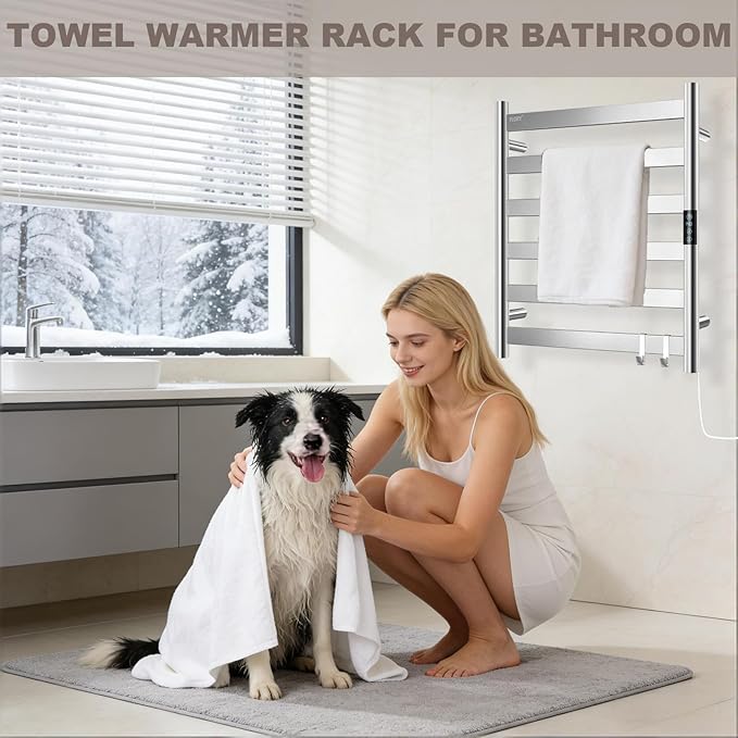 R FLORY Heated Towel Rack for Bathroom, 6 Bar Wall Mounted Towel Warmer Rack Flat with Timer & Temperature, Electric Towel Heater with LED Display Screen, Plug-in