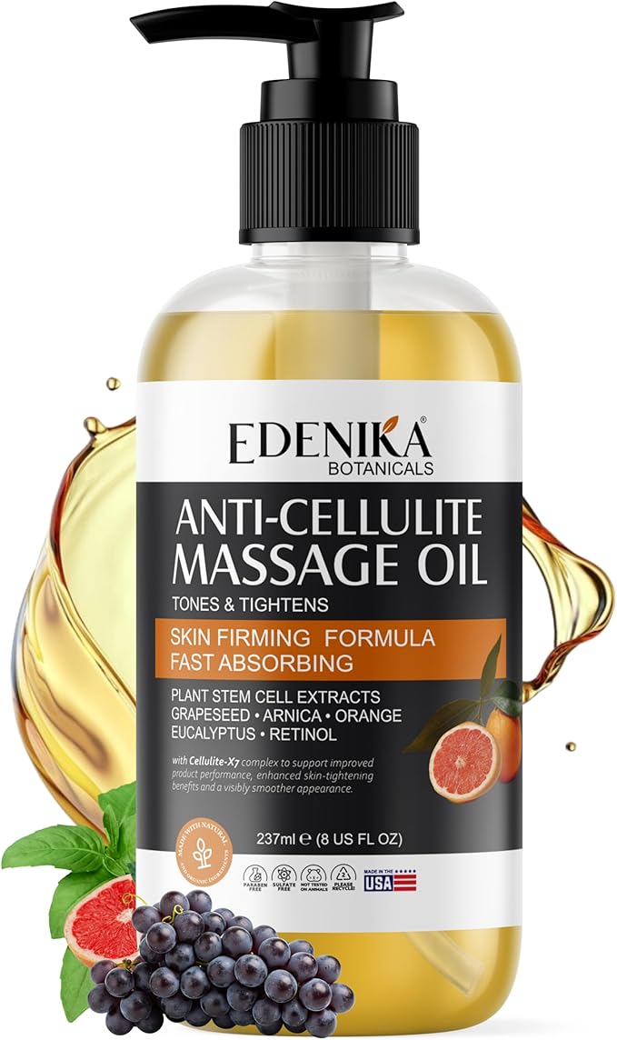 EDENIKA BOTANICALS Firming Anti Cellulite Massage Oil, Grapeseed Oil, Caffeine, Plant Stem Cells & Retinol, Supports Tighter, Smoother-Looking Skin on Body, Legs, Thighs & Buttocks, 8 Fl Oz