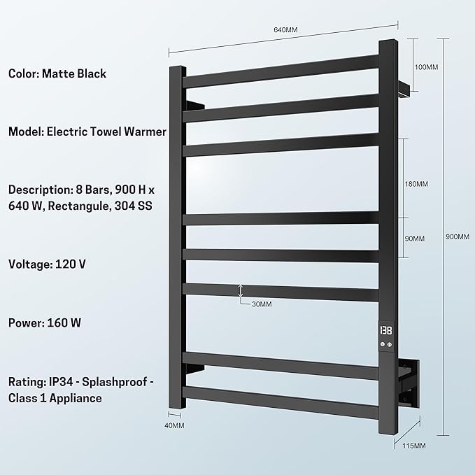 8-Bar Electric Heated Towel Warmer, Fast Heating with Auto Shut-Off Timer, Matte Black Finish, Wall-Mounted Spa Towel Heater, Hardwired or Plug-in Options