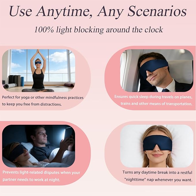 Silk Sleep Eye Mask for Side Sleeper Men Women, Eye Mask Sleeping 100% 22 Momme Pure Mulberry Silk for Travel, Face-Hugging Padded Eye Cover for Sleeping with Adjustable Band-Navy Blue