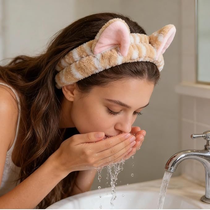 2 PCS Cute Cat Ear Spa Headband For Washing Face, Skincare Makeup Headbands For Women, Soft Coral Fleece Hair Accessories (Yellow+Leopard)