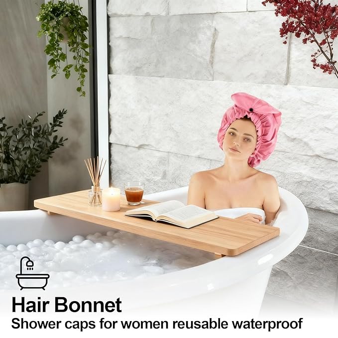 ELEBOX Extra Large Shower Cap for Braids/Curly Hair/Dreadlock | Reusable Waterproof Long Bonnets for Women Bath/Swim/Cooking/Cleaning/Spa | XL Bathing Cap with Adjustable Drawstring & Button, Pink